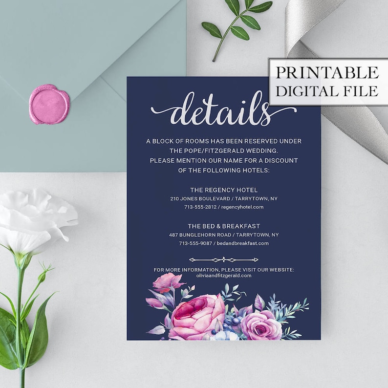 Boho wedding invitation Printable wedding invitation set Navy wedding invitation set Pink floral wedding set Digital wedding invitation