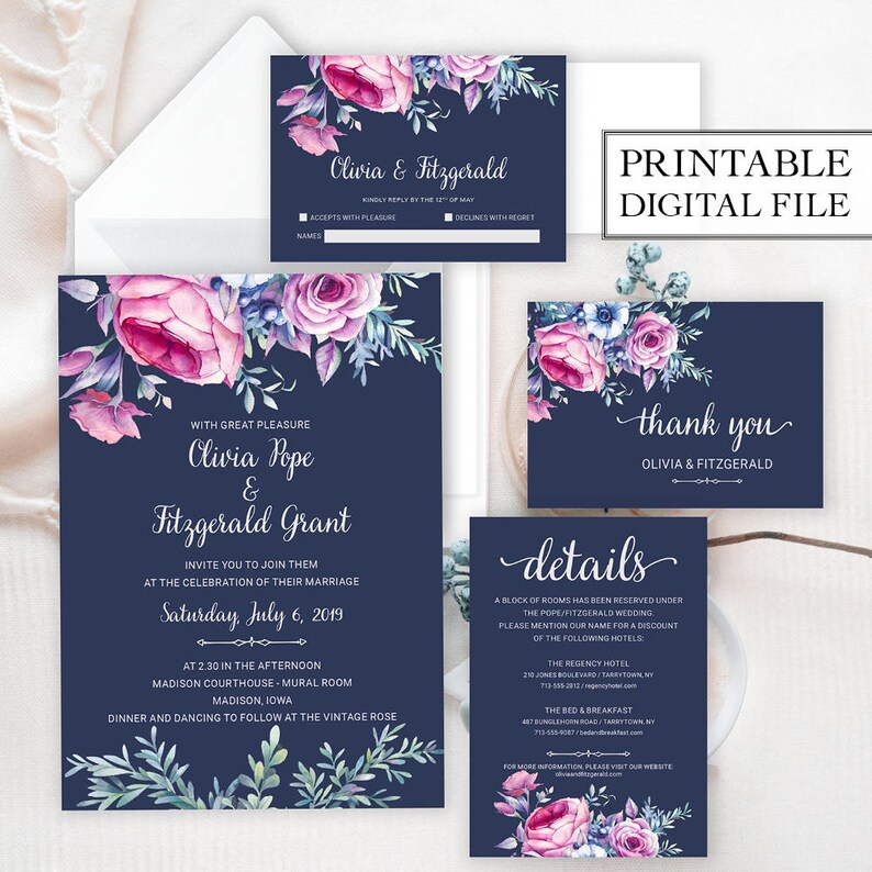 Boho wedding invitation Printable wedding invitation set Navy wedding invitation set Pink floral wedding set Digital wedding invitation