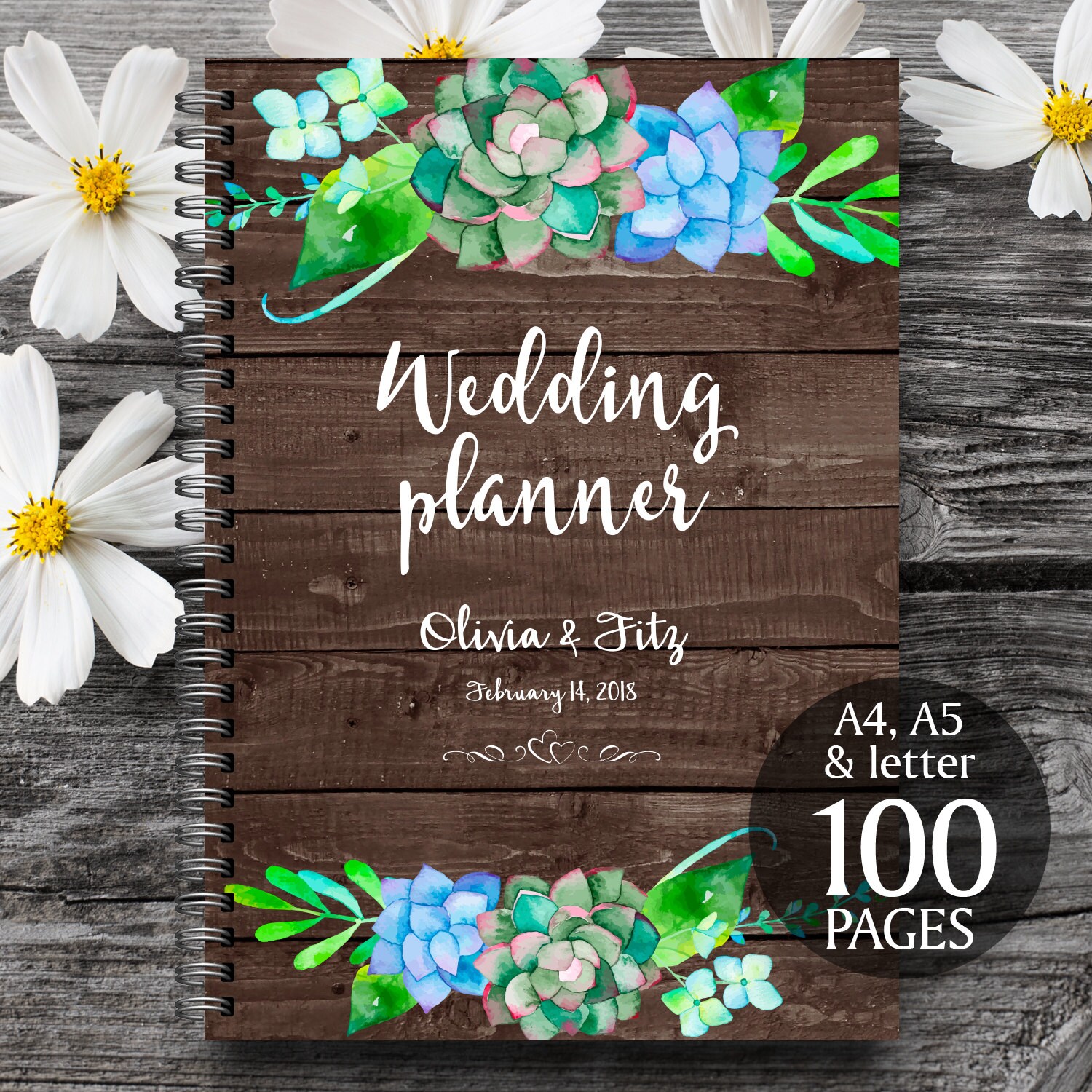 printable wedding planner on wood background succulent wedding