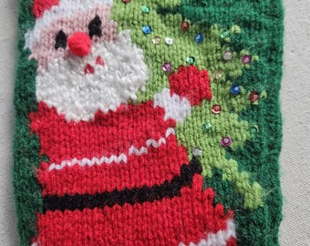 Handknit Christmas Stocking: Vintage Santa, Sequin Tree, Ornaments – 23" Length