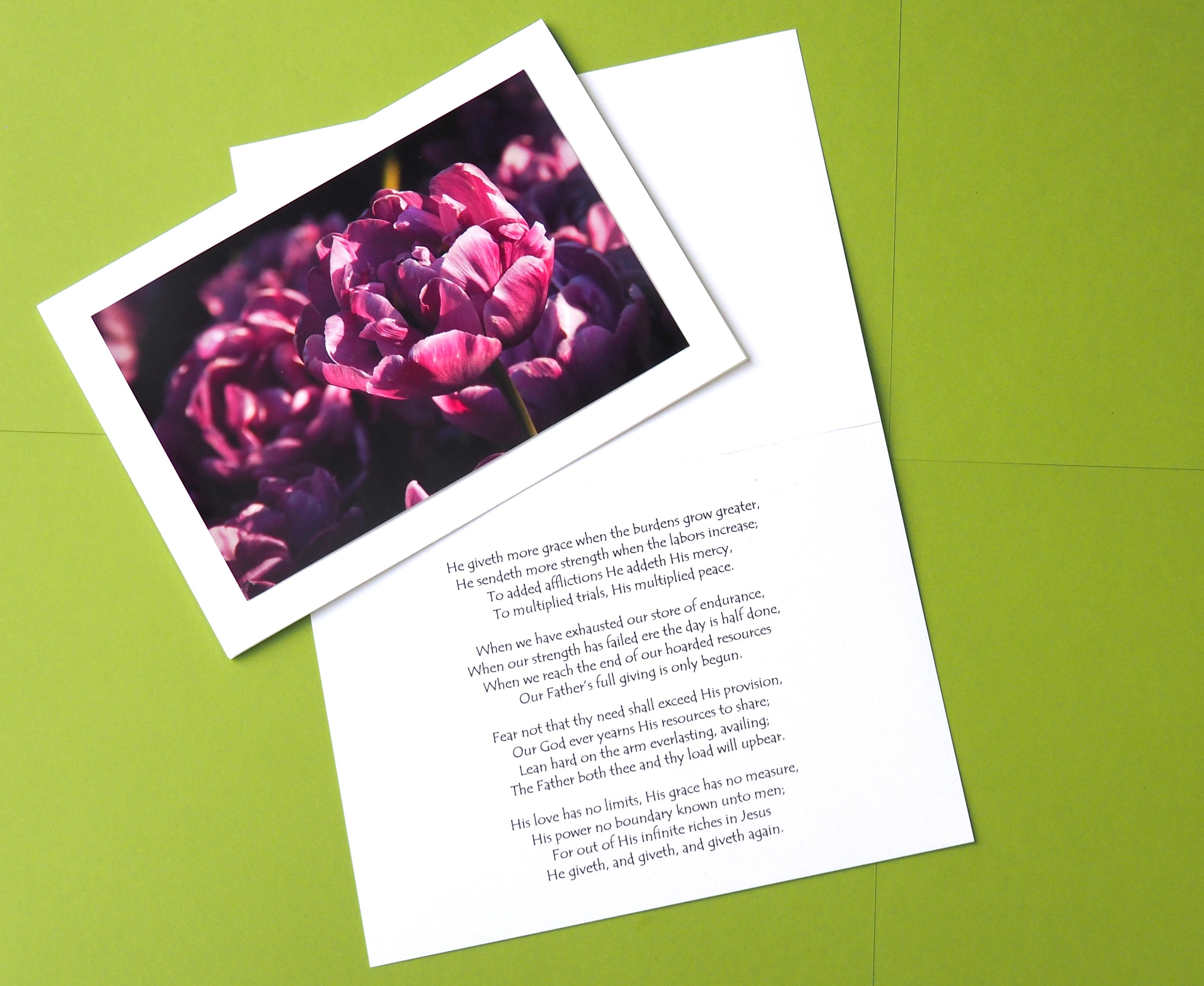 He Giveth More Grace Hymn Greeting Card, Christian Sympathy, Bereavement, Encouragement Card, Nature/Floral Photography Card