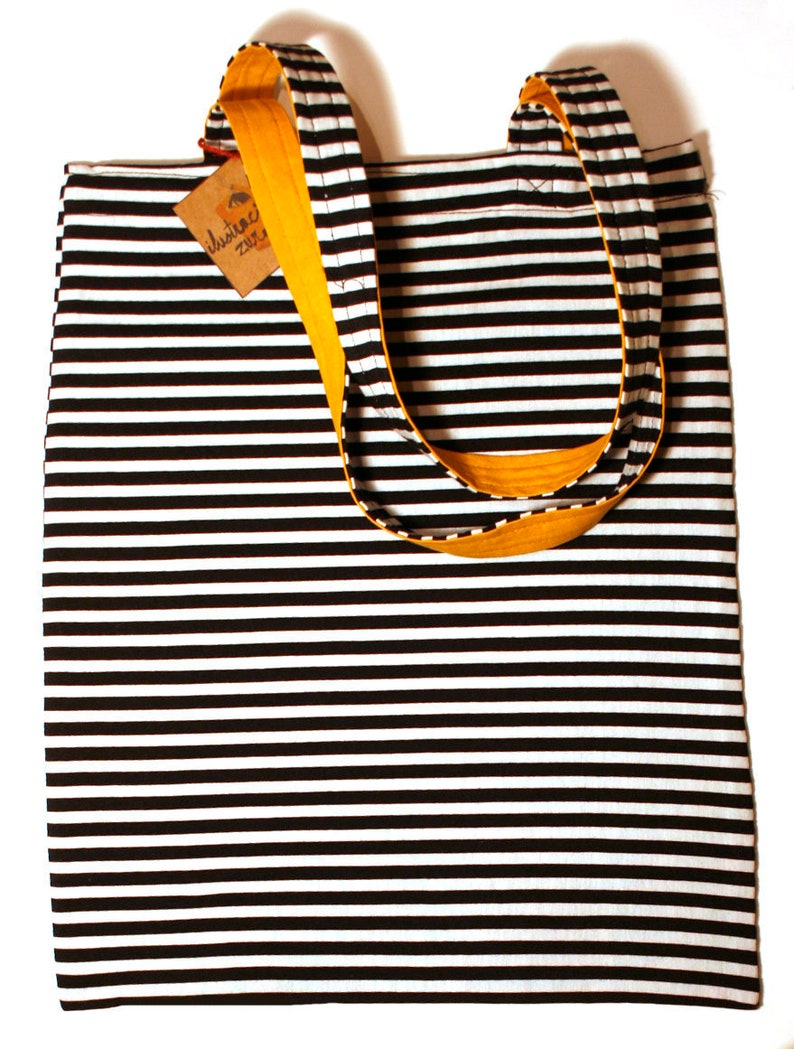 Black and white striped cotton tote bag