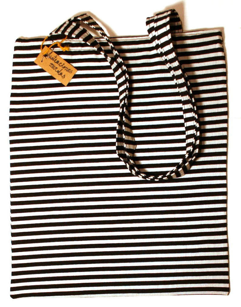 Black and white striped cotton tote bag