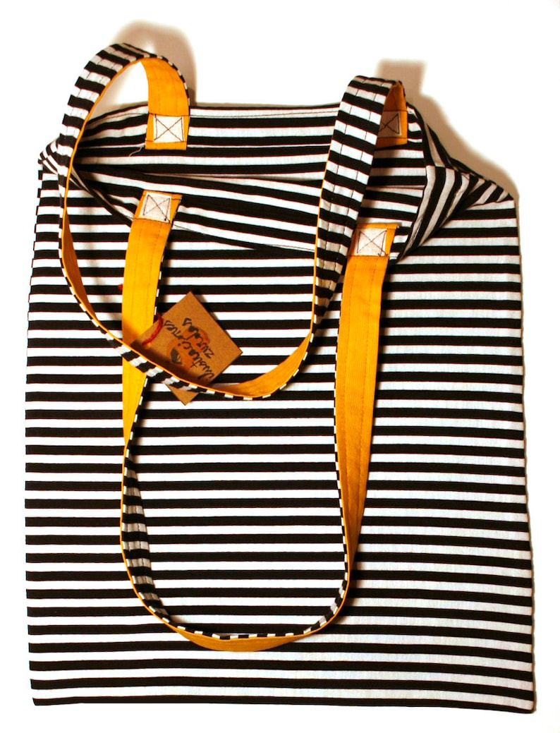 Black and white striped cotton tote bag