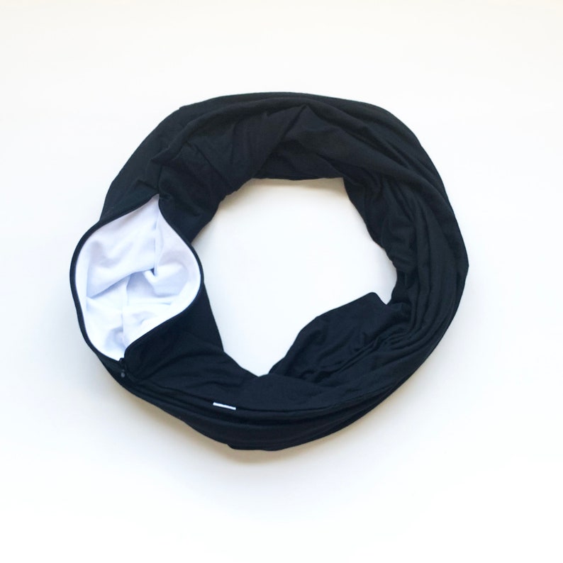 Hidden Pocket Infinity Scarf. Black Double loop Travel Scarf with Hidden Zipper Pocket. Great gift for traveler image 2