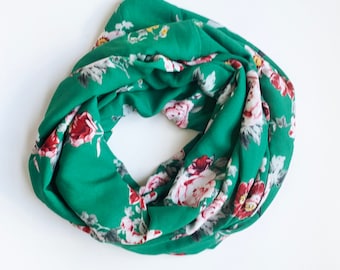 Green Floral Print Infinity Scarf with Hidden Pocket