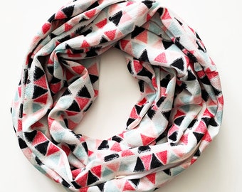 Infinity Scarf with hidden security pocket for valuables.  Printed geometric pastel Infinity scarf with hidden zipper pocket.