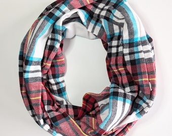 Vibrant plaid flannel scarf with hidden Pocket.  Mask holder.  Teal and red Infinity Scarf with hidden zipper pocket.