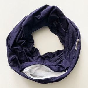 Infinity Scarf with hidden security pocket for valuables.  Denim Knit Unisex Infinity Scarf with Hidden Zipper Pocket