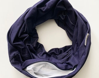 Infinity Scarf with hidden security pocket for valuables.  Denim Knit Unisex Infinity Scarf with Hidden Zipper Pocket