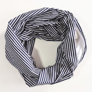 Infinity Scarf with hidden security pocket for valuables.  Navy Blue & White Stripe Light Weight Poplin, Hidden Zip Pocket Scarf
