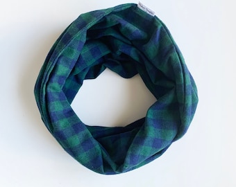 Black watch flannel scarf with hidden Pocket.  Mask holder.  Navy and Green Infinity Scarf with Mask pocket.  Black Watch Tartan