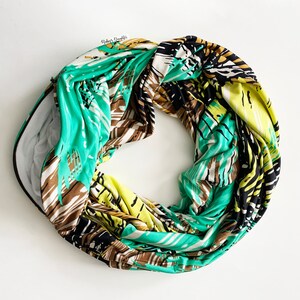 Hidden Pocket Infinity Scarf.  Green, White and Brown Infinity Scarf With Hidden Zipper Pocket.  Abstract Leaf Print.
