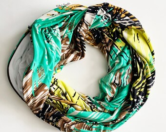 Hidden Pocket Infinity Scarf.  Green, White and Brown Infinity Scarf With Hidden Zipper Pocket.  Abstract Leaf Print.