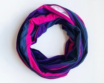 Striped Infinity Scarf with hidden security pocket for valuables.  Fuchsia Double Loop Scarf with Hidden Zipper Pocket