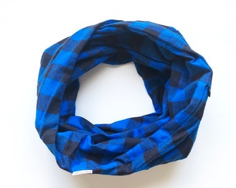 Hidden Pocket Scarf.  Blue and black buffalo check double wrap, zip pocket infinity scarf.