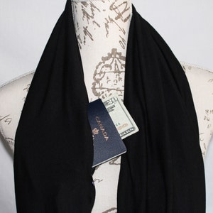 Hidden Pocket Infinity Scarf. Black Double loop Travel Scarf with Hidden Zipper Pocket. Great gift for traveler image 5