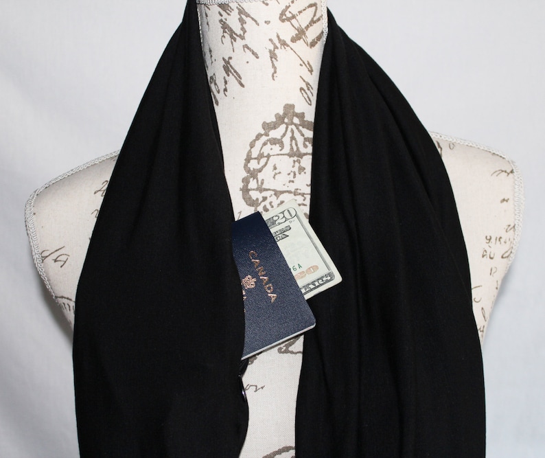 Hidden Pocket Infinity Scarf. Black Double loop Travel Scarf with Hidden Zipper Pocket. Great gift for traveler image 5