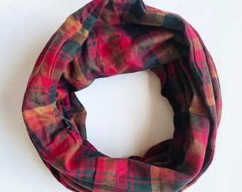 Infinity scarf with hidden pocket for valuables.  Canadian tartan, double loop scarf with zipper pocket.