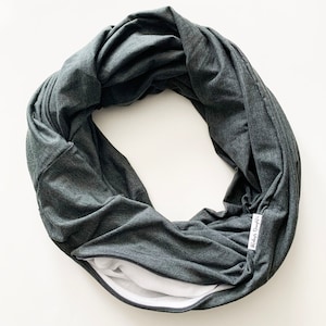 charcoal gray scarf with a hidden pocket.  New mom Gift.  Grey Infinity Scarf with hidden pocket made from Cotton Spandex