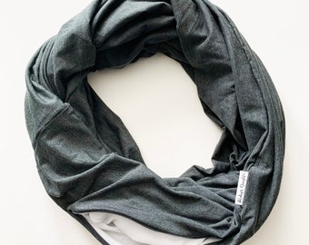 charcoal gray scarf with a hidden pocket.  New mom Gift.  Grey Infinity Scarf with hidden pocket made from Cotton Spandex