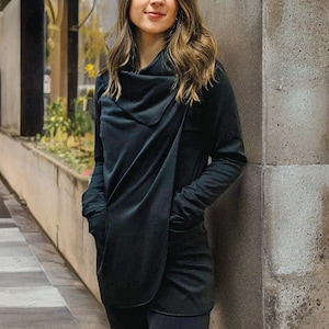 Comfortable Black Wrap Sweater, essential for travel. Light weight knit jacket. image 1