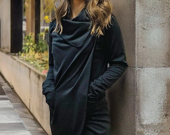 Comfortable Black Wrap Sweater, essential for travel.  Light weight knit jacket.