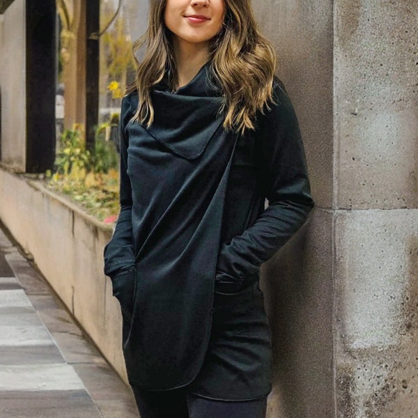 Comfortable Black Wrap Sweater, essential for travel.  Light weight knit jacket.