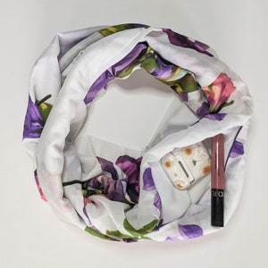 Infinity Scarf with Secret Security pocket for valuables.  Lilac Print, Light Weight, Double Loop Scarf with Hidden Pocket