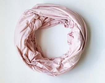 Soft pink Bamboo and Spandex Infinity Scarf With Hidden Zipper Pocket. Great for travel