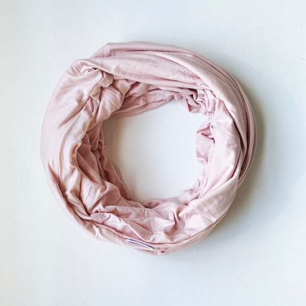 Soft pink Bamboo and Spandex Infinity Scarf With Hidden Zipper Pocket. Great for travel