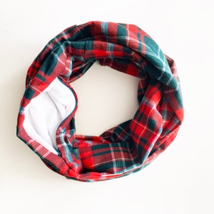 Flannel Infinity Scarf with hidden security pocket for valuables. New Brunswick tartan infinity scarf with hidden zipper pocket.