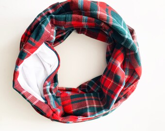 Flannel Infinity Scarf with hidden security pocket for valuables. New Brunswick tartan infinity scarf with hidden zipper pocket.