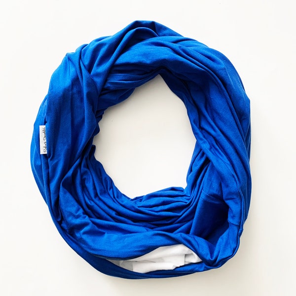 Royal Blue zipper pocket infinity scarf.  Electric Blue double wrapped infinity scarf with hidden pocket
