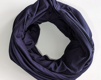 Navy Travel Scarf with Hidden Zipper Pocket - Handmade in Canada