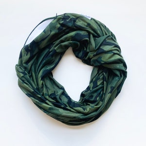 Infinity Scarf with hidden security pocket for valuables.  Green Camouflauge Print Infinity Scarf with Hidden Pocket