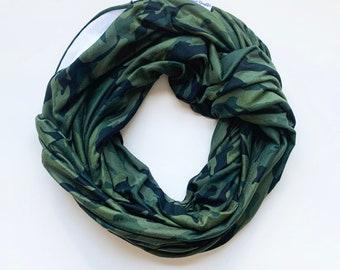 Infinity Scarf with hidden security pocket for valuables.  Green Camouflauge Print Infinity Scarf with Hidden Pocket