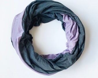 Scarf with hidden security pocket for valuables.  Lilac and grey reversible infinity scarf with hidden zipper pocket.