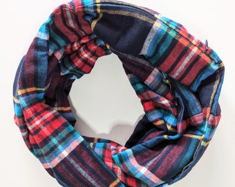 Vibrant plaid flannel scarf with hidden Pocket.  Mask holder.  Teal and red Infinity Scarf with hidden zipper pocket.