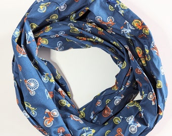 Infinity Scarf with hidden security pocket for valuables.  Bicycle Print Light Weight Poplin, Hidden Zip Pocket Scarf