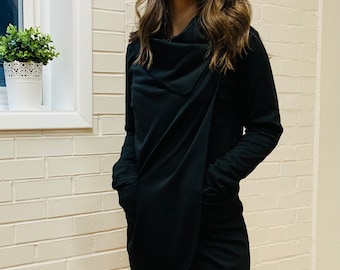 Comfortable Black Wrap Sweater that is essential for travel.  Light weight knit jacket