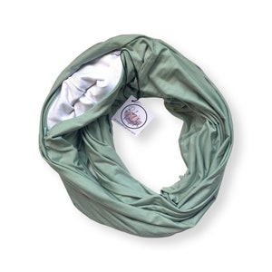 Sage green infinity scarf with hidden security pocket for valuables.  Perfect Mother's day Gift