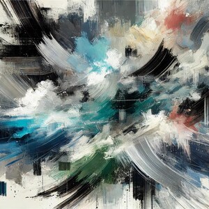 Puede incluir: Impresión artística abstracta con pinceladas dinámicas en varios colores. La obra de arte presenta una mezcla de tonos negros, blancos, grises, verde azulado y rojos, creando una sensación de movimiento y profundidad. Una obra de arte moderna y expresiva.