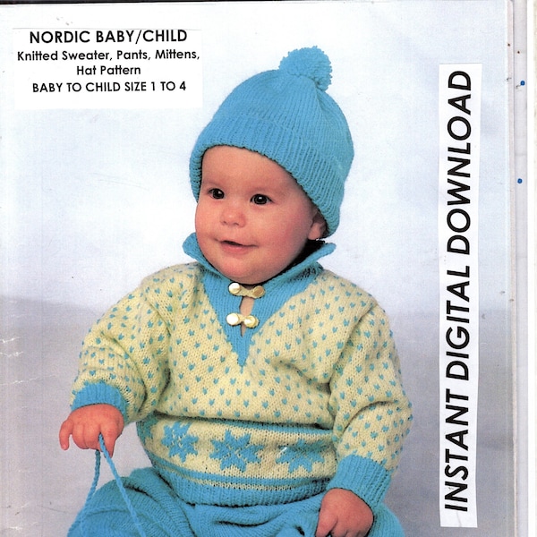 Knitting Pattern, Nordic Baby/ Child, size 1 to 4, sweater, pants, mitts, hat, Faire Isle, Ski Bunny,  Instant Digital Download, PDF Format