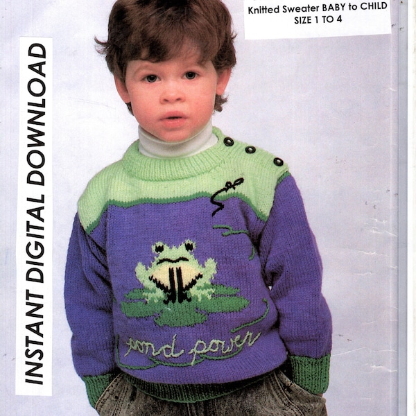 Knitting Pattern, Froggie sweater, Baby or Child, size 1 to 4, Instant Digital Download,  PDF Format, Charts, Directions, Helpful Hints