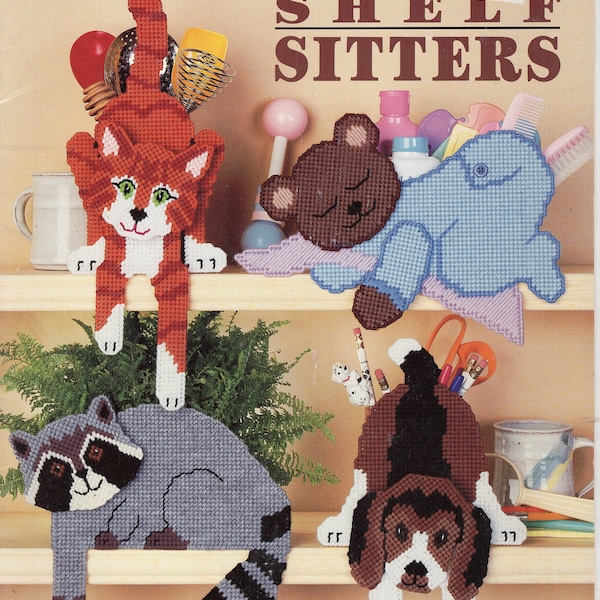 Vintage 1991, plastic canvas, Shelf Sitters, 8 critters, cross stitch, embroidery