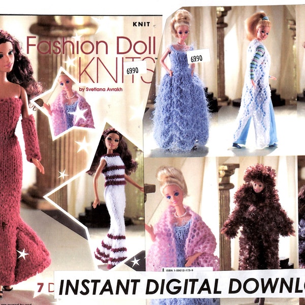 Fashion doll 10 pieces, knitting patterns, 2 gowns, sleeves, furry coat & hat, pants, top, shawl, jacket, duster robe digital download, PDFs