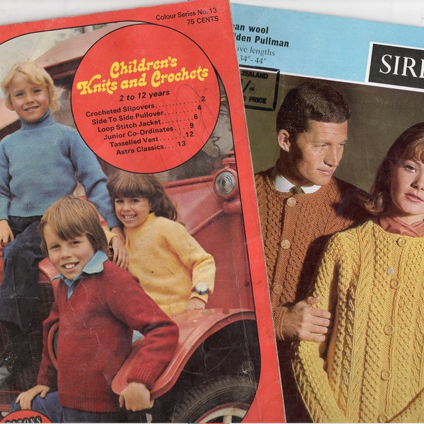 2 1960s, booklets, Patons Childrens Knit and Crochet,  6 designs, 16 pgs and Sirdar, his & hers, knitted Aran jackets, inexpensive shipping