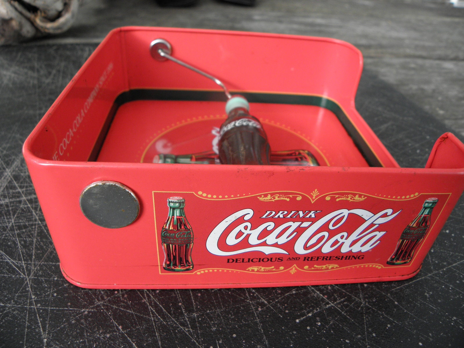 Vintage, Coca Cola, Tin Napkin Holder, Cardboard Advertising Bottle, VG  Condition, Vibrant Colour, Collectible, Useful 