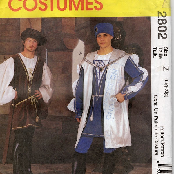 NEW Vintage sewing pattern McCalls 2802 Renaissance Costume, Mens, size L XL surcoat, tunic, shirt, leggings, hat, inexpensive shipping